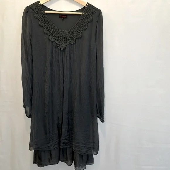 Carla Conti Dress Womens 100% Silk Mad In Italy Embroidered Long Sleeve  Layered